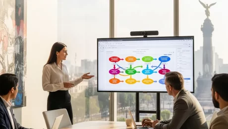 Estratega de Incom presentando una ruta de conversión de contenido orgánico en una oficina moderna en la CDMX