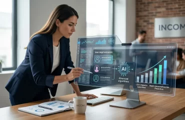 Fotografía realista de consultora profesional analizando el futuro del marketing digital 2026 con IA y personalización de datos en Monterrey y CDMX para Incom
