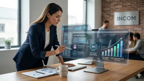 Fotografía realista de consultora profesional analizando el futuro del marketing digital 2026 con IA y personalización de datos en Monterrey y CDMX para Incom