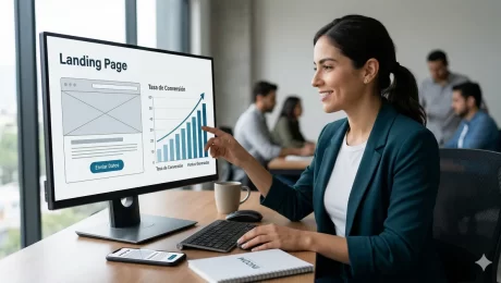 Alt Text: Fotografía de un consultor de Incom analizando la tasa de conversión ascendente de una landing page optimizada en Monterrey.