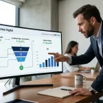 Fotografía realista de consultor profesional analizando el sistema de ventas digital exitosa en Monterrey y CDMX para Incom