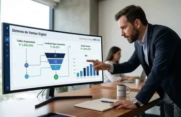 Fotografía realista de consultor profesional analizando el sistema de ventas digital exitosa en Monterrey y CDMX para Incom