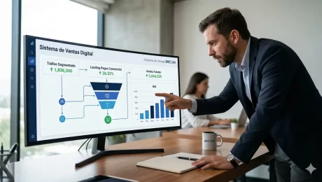 Fotografía realista de consultor profesional analizando el sistema de ventas digital exitosa en Monterrey y CDMX para Incom