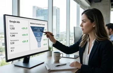 Analista de Incom revisando la conversión de un **sitio web para Google Ads** exitoso en una oficina moderna