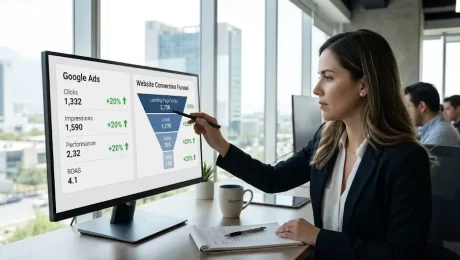 Analista de Incom revisando la conversión de un **sitio web para Google Ads** exitoso en una oficina moderna